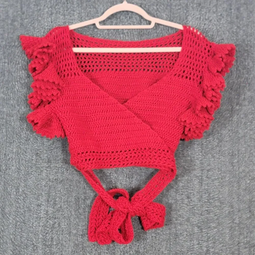 Handmade Crochet Knit Crop Top Womens S Red Short Ruffle Sleeve Wrap Tie Waist